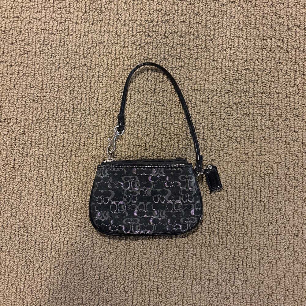 Coach Small Black and Silver Metallic Signature C Optic Lurex Wristlet Mini Bag